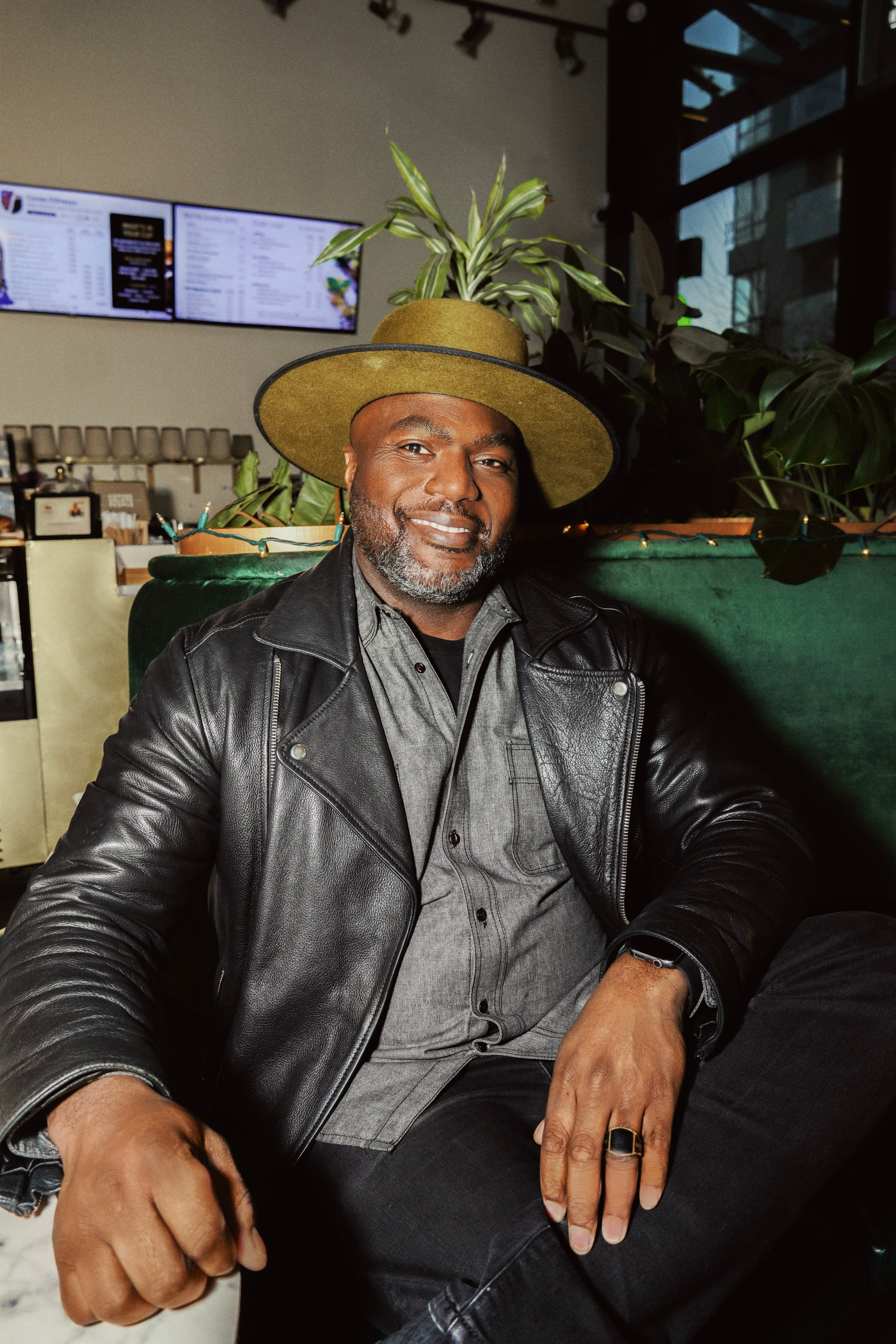 At the CUP flagship — leather jacket