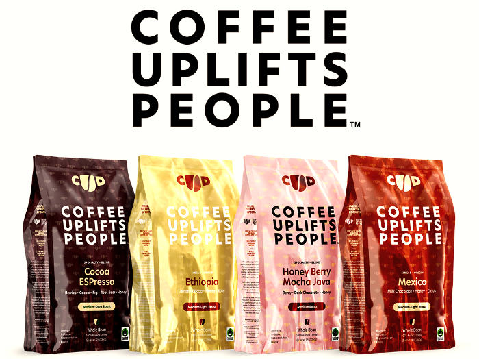 Coffee Uplifts People retail coffee bags — Cocoa Espresso, Ethiopia, Honey Berry Mocha Java, Mexico